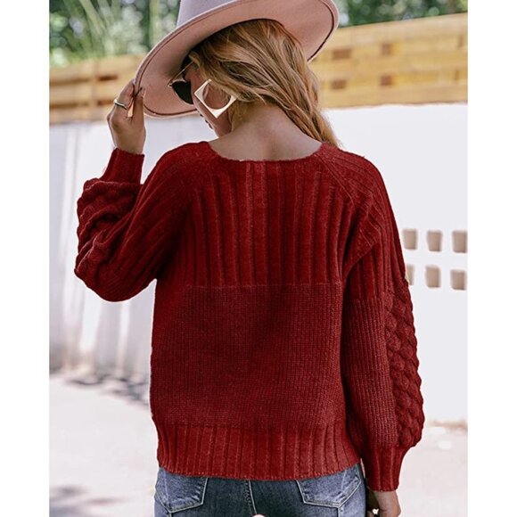 Red Chunky Cable Knit Button Down Oversized Long‎ Sleeve Sweater Cardigan Top - Picture 4 of 5
